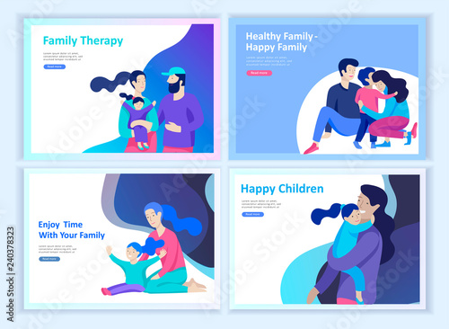 Set of Landing page templates happy family, travel and psychotherapy, family health care, goods entertainment for mother father and their children. Parents with daughter and son have fun togethers