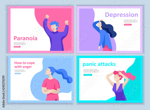 Set of Landing page templates for psyhology mental problems, depression panic attacks, paranoia anger control, relationship family conflict, stress and misunderstanding, group psychotherapy character