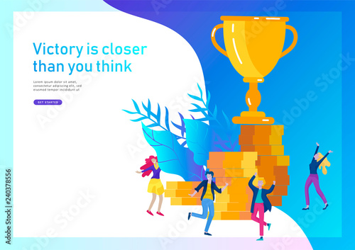 Business Team Success hold Golden winner cup, concept of people are happy with victory. Office Workers Celebrating with Big Trophy, ways goals, first place in business, financial growth. Landing page