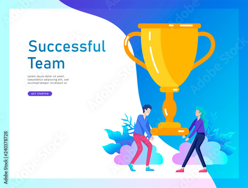 Business Team Success hold Golden winner cup, concept of people are happy with victory. Office Workers Celebrating with Big Trophy, ways goals, first place in business, financial growth. Landing page