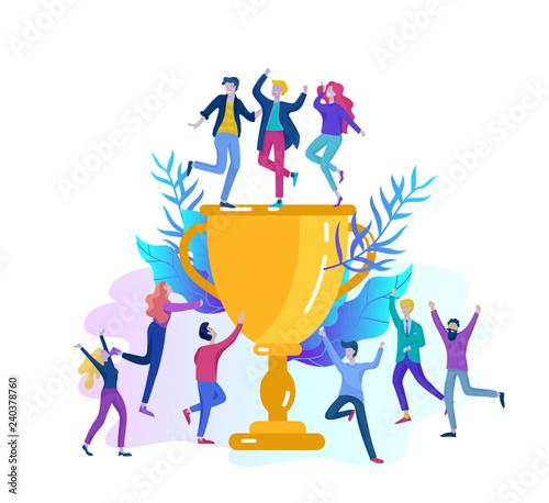 Business Team Success hold Golden winner cup, concept of people are happy with victory. Office Workers Celebrating with Big Trophy, ways goals, first place in business, financial growth. Landing page