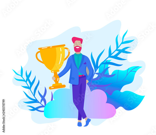 Business Team Success hold Golden winner cup, concept of people are happy with victory. Office Workers Celebrating with Big Trophy, ways goals, first place in business, financial growth. Landing page