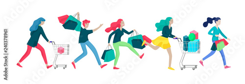 Collection of people carrying shopping bags with purchases. Madness on sale, line of crazy Men and women taking part in seasonal sale at store, shop, mall. Cartoon characters concept for black friday.