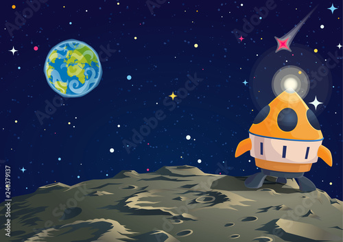 Wallpaper Mural Lunar ground illustration with rocket and Earth sight. Vector cartoon illustration Torontodigital.ca