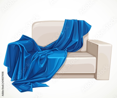 Small couch for two beige leather trimmed draped blue plaid interior object isolated on white background