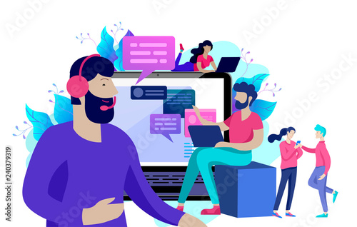 Concept Landing page template customer service, male hotline operator advises client, online global technical support, customer and operator