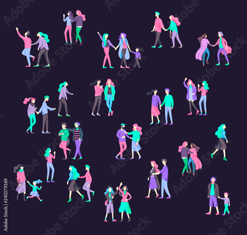 Vector people character walking on the street in autumn or winter clothes, friends and couples. Colorful Group of male and female flat cartoon characters