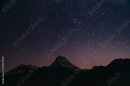 Snow Peak of Annapurna Mountain at Night with Stars in the Himalayas in Nepal