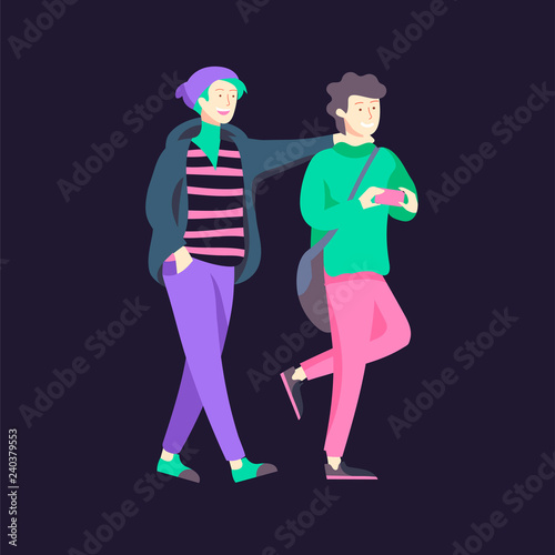 Vector people character walking on the street in autumn or winter clothes, friends and couples. Colorful Group of male and female flat cartoon characters