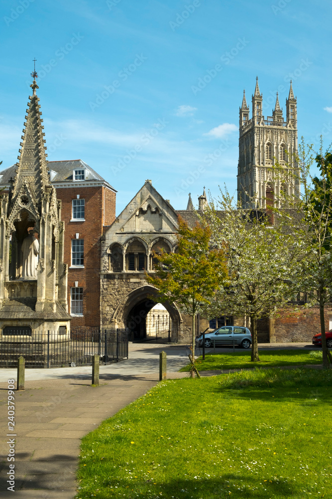 Picturesque old buildings around St Marys Gate near Gloucester Cathedral in spring sunshine, Gloucestershire, UK.