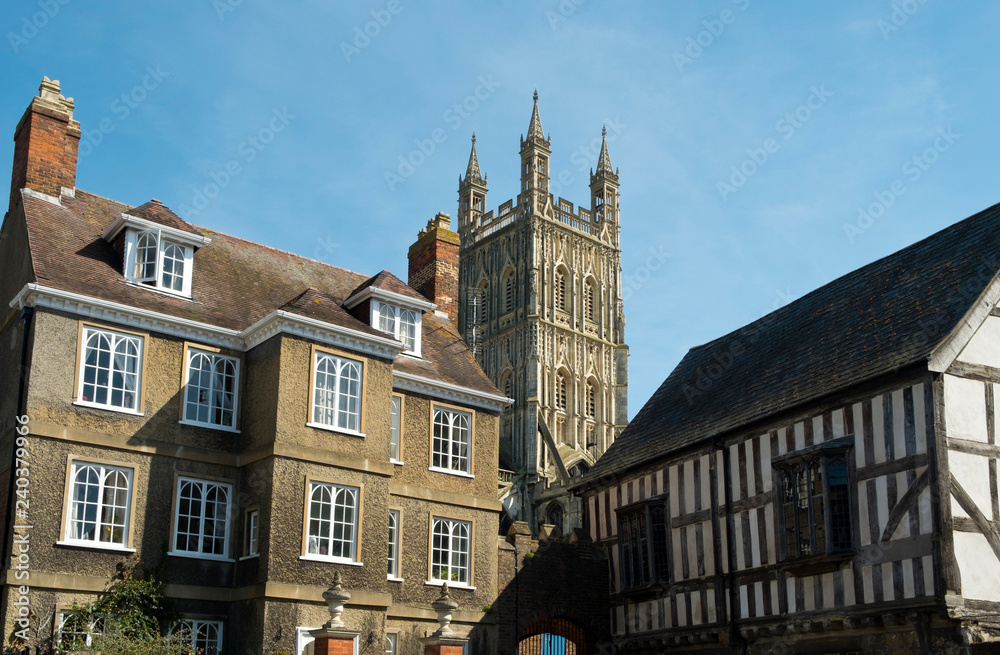 Architectural detail in the vicinity of Gloucester cathedral in spring sunshine, Gloucestershire, UK