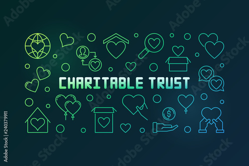 Charitable trust vector colored horizontal illustration in outline style on dark background