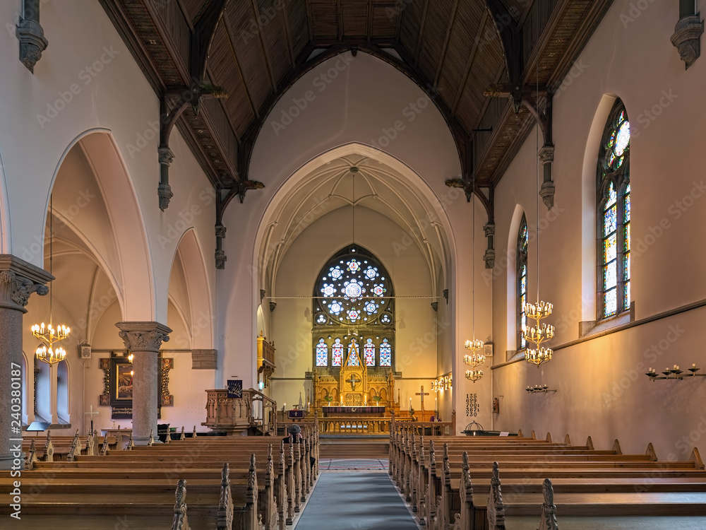 Interior of Gustaf Adolf Church (Gustaf Adolfskyrkan) in Stockholm, Sweden. The church was build in 1890-1892 by design of Carl Moller and consecrated on November 16, 1892.