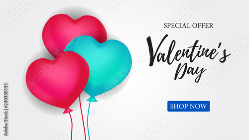 Valentine day special sale offer banner template with flying helium balloon hearth. Vector illustration