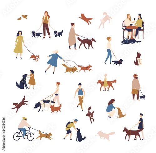 Crowd of tiny people walking their dogs on street. Group of men and women with pets or domestic animals performing outdoor activities isolated on white background. Vector illustration in flat style.