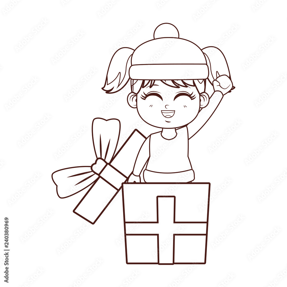 Girl with winter clothes inside gift box brown lines