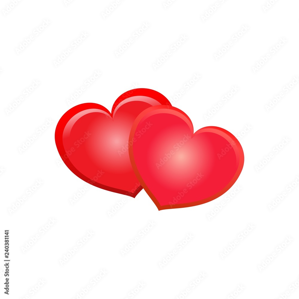 Two heart isolated. Red sign on white background. Romantic silhouette symbol linked, join, love, passion and wedding. Colorful mark of valentine day, card, etc. Design element. Vector illustration.