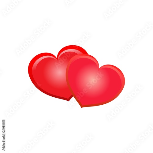 Two heart isolated. Red sign on white background. Romantic silhouette symbol linked, join, love, passion and wedding. Colorful mark of valentine day, card, etc. Design element. Vector illustration.