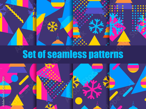 Set of seamless pattern memphis with snowflakes and fir-trees. Collection of Christmas backgrounds. Great for brochures, promotional material, wrapping paper and wallpapers. Vector illustration