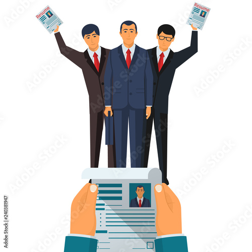 Recruiter reviews a resume. Group of businessman looking for work. Resume in hands. Vector illustration flat design. Isolated on background. Headhunter hires workers. Employer recruitment resource.