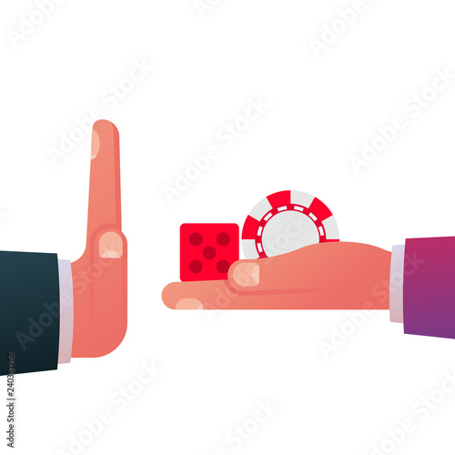 Stop gambling. Ban on illegal business. Game chips and game dice holding in hand. Hand gesture, rejection symbol. Vector illustration flat design. Isolated on white background.