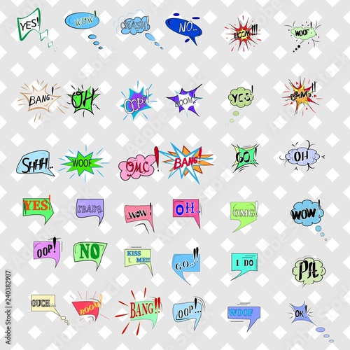 Comics sound speech effect bubbles isolated on white background illustration. Wow, bang, woof, oh, ok, yes, boom, go, pft inscriptions. Humorous set for cloud speech. Vector illustration