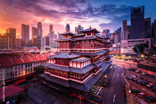 Buddha Tooth Relic Temple at sunrise in China town, Singapore. photo