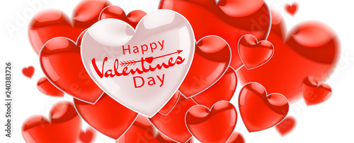 Happy Valentines Day.  Red flying realistic glossy balloons  on a white background. Vector  illustration.