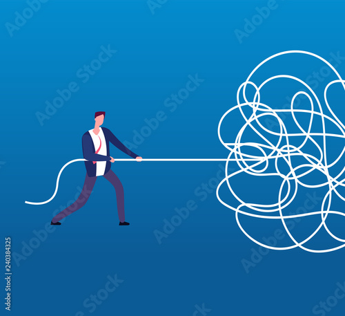 Businessman unraveling tangled rope. Difficult problem, chaos and mess vector business concept. Illustration of businessman with problem, solution and tangled cable