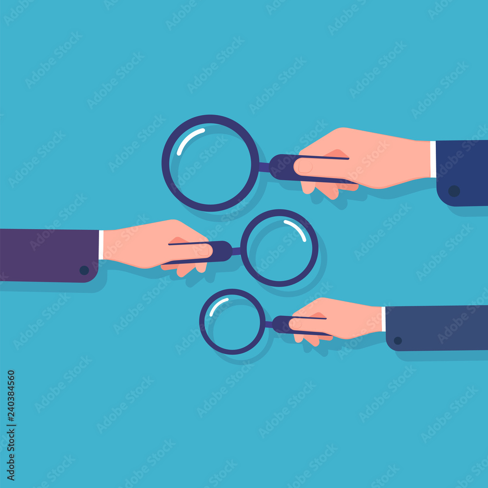 Hands holding magnifying glass. Information searching, business data research and detective. Cartoon vector concept with magnifier. Illustration of lens glass, research data info - obrazy, fototapety, plakaty 