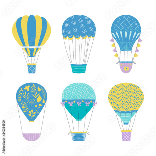 Set of hot air balloons. Cute baby illustration. Vector travel concept.