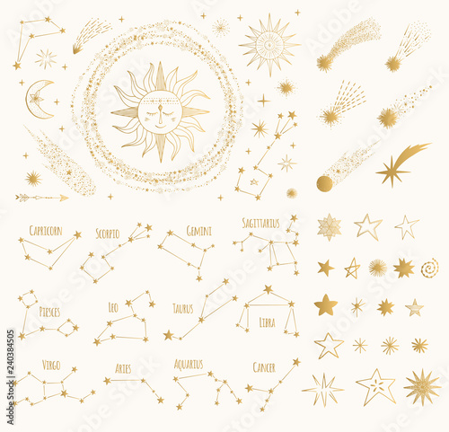 Set of golden space design elements. Zodiac signs. sun, moon, stars, comets. Vector gold illustration. Isolated. photo