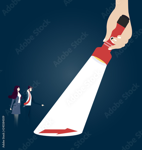 A hand holding a flashlight uncovering hidden arrow sign. Business concept vector