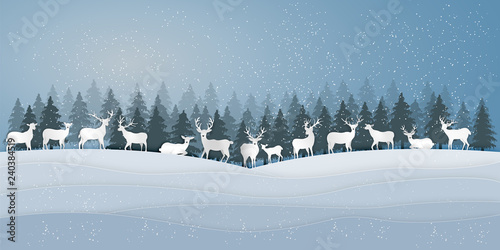 Paper art , cut and digital craft style of Deers in the pine forest in the winter season with trees and snow  as Merry Christmas and happy new year concept. vector illustration