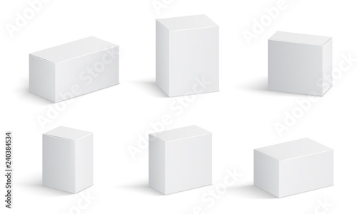 White cardboard boxes. Blank medicine package in different sizes. Medical product square box 3d vector isolated mockups. Container package, cardboard box, mockup compact block illustration photo