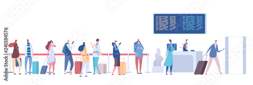People in airport queue. Passengers baggage in line  check in registration in terminal. Airport arrival departure vector concept. Queue to check flight  people with luggage and baggage illustration
