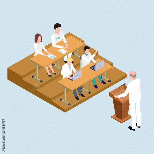 Medical school students and proffessor isometric vector illustration. Medical school lesson, student education