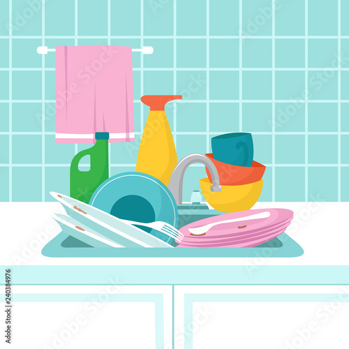 Kitchen sink with dirty plates. Pile of dirty dishes, glasses and wash sponge. Vector illustration. Dirty plate and dish, household work