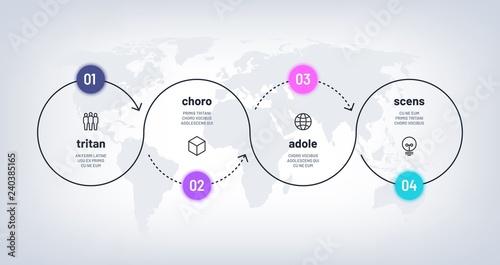 Timeline infographic. Loop process chart with 4 step on world map. Business four options process with numbers. Workflow vector diagram. Timeline step process, infographic business illustration