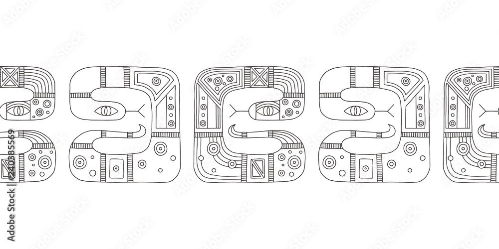 Vector seamless pattern, hand drawn black and white illustration of snakes with decorative geometrical elements, lines, dots. Line drawing. Graphic illustration. Vector seamless pattern, hand drawn black and white illustration of snakes with decorative geometrical elements, lines, dots. Line drawing. Graphic illustration.