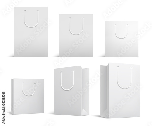 Shopping bag mockup. White blank papper bags. Shopping product package for corporate brand vector template. Illustration of paper bag and package merchandise