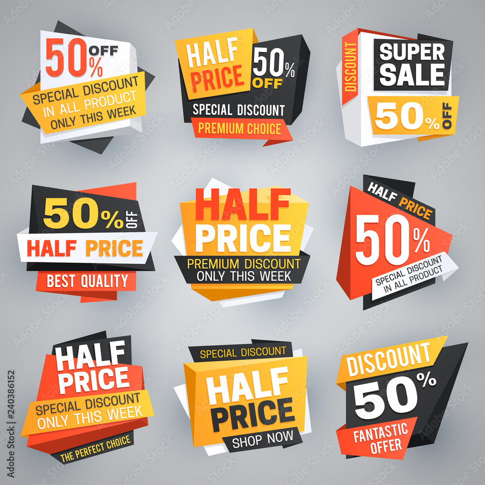 Half price sale tags. Special weekend offer discount, 50 off sale banners and coupons vector collection. Illustration of discount label and offer, market tag