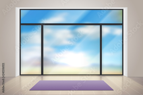 Gym glass. Realistic room with big glass window. Empty fitness gym interior with exercise carpet and wooden floor vector illustration. Interior room with window panoramic