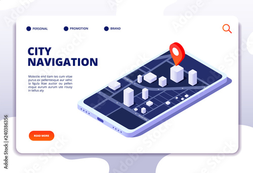 Navigation map isometric concept. Gps location system. Phone tracker with global positioning. Vector landing page navigation gps system, city street on mobile screen illustration