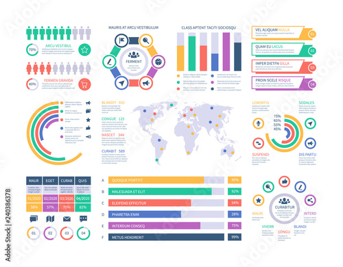 Infographic template. Financial investment graphs, column chart organization flowchart. Presentation infographics vector element. Illustration of infographic web with world map