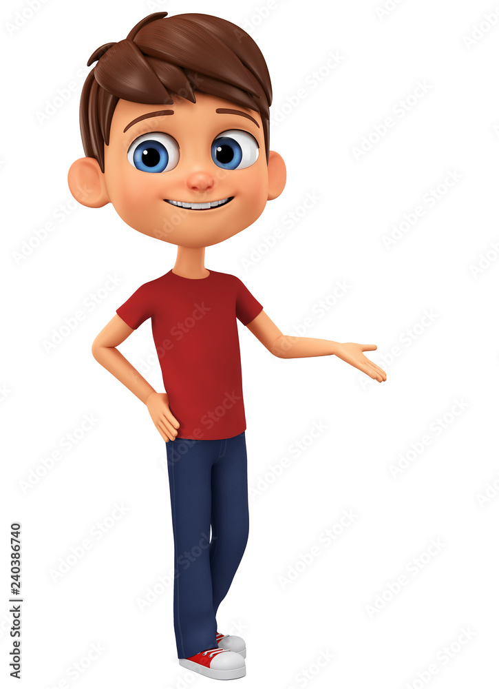 Cartoon character boy in a red T-shirt shows his hand on an empty space. 3d rendering. Illustration for advertising.