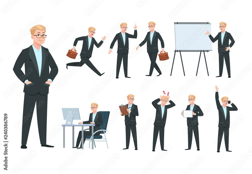 Business person. Businessman character, professional worker in different office business activity. Cartoon isolated vector collection. Illustration of businessman professional worker, business manager Business person. Businessman character, professional worker in different office business activity. Cartoon isolated vector collection. Illustration of businessman professional worker, business manager