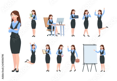 Businesswoman characters. Office professional woman, female in different poses of business activity. Flat cartoon manager vector set. Illustration of woman office, character manager jump and work