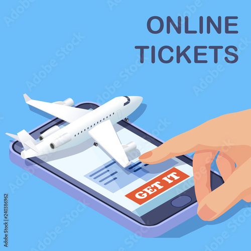 Airline online tickets mobile app isometric vector concept. Illustration of online buy tickets to airplane