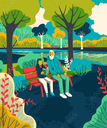 Grandfather with grandson sitting on bench in park and reading book. Vector illustration